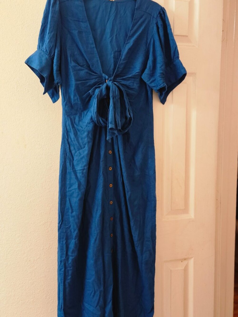 Free People boho Cottagecore linen maxi button down puff sleeve teal dress M - Picture 2 of 8
